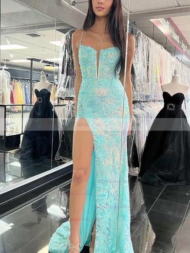 Sheath/Column V-neck Sequined Sweep Train Prom Dresses With Split Front #Favs020115113