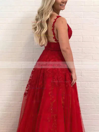 A-line V-neck Tulle Floor-length Prom Dresses With Appliques Lace #Favs020115147