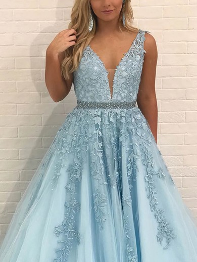 Ball Gown V-neck Tulle Floor-length Prom Dresses With Appliques Lace #Favs020115148