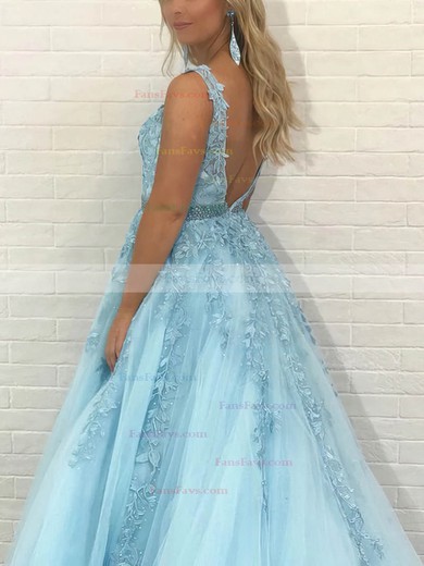 Ball Gown V-neck Tulle Floor-length Prom Dresses With Appliques Lace #Favs020115148