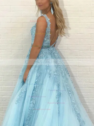 Ball Gown V-neck Tulle Floor-length Prom Dresses With Appliques Lace #Favs020115148