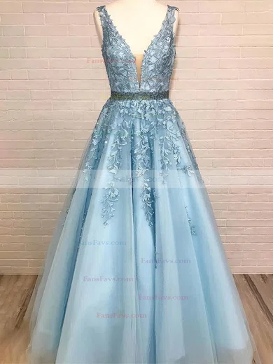 Ball Gown V-neck Tulle Floor-length Prom Dresses With Appliques Lace #Favs020115148