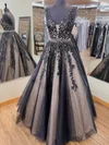 Ball Gown V-neck Tulle Sweep Train Prom Dresses With Beading #Favs020115156