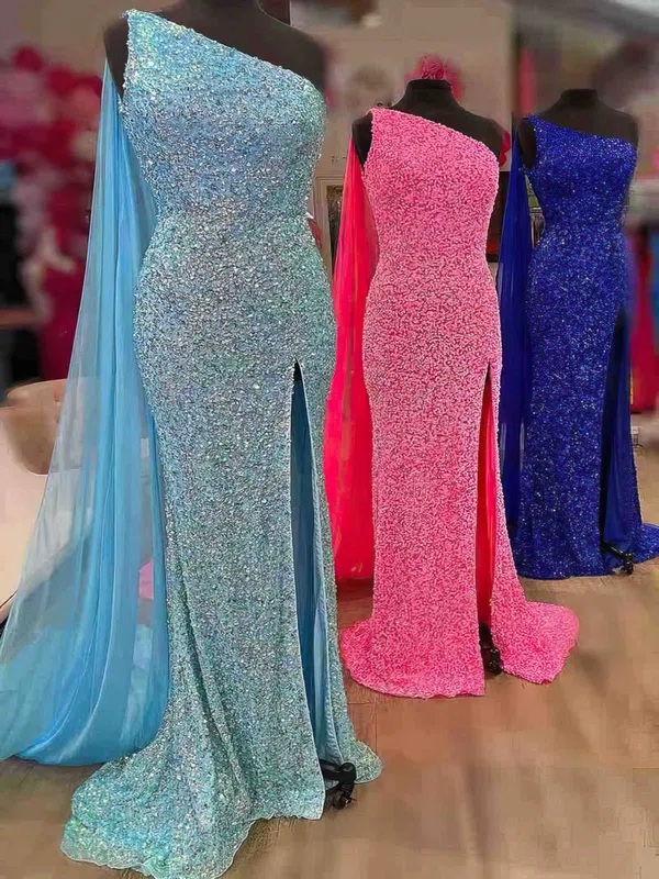 Sheath/Column One Shoulder Sequined Sweep Train Prom Dresses With Split Front #Favs020115162