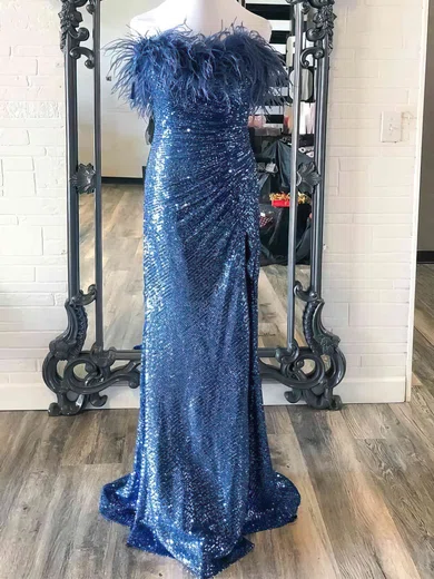 Sheath/Column Strapless Sequined Sweep Train Prom Dresses With Feathers / Fur #Favs020115164