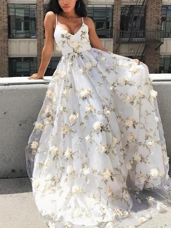 A-line V-neck Tulle Floor-length Prom Dresses With Flower(s) #Favs020115223