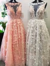 A-line Scoop Neck Lace Tulle Floor-length Prom Dresses With Appliques Lace #Favs020115231