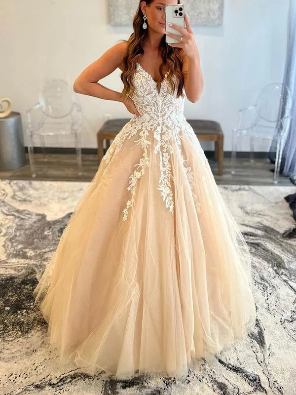 Ball Gown V-neck Tulle Glitter Sweep Train Prom Dresses With Appliques Lace #Favs020115233