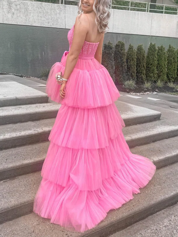 A-line V-neck Tulle Asymmetrical Prom Dresses With Tiered #Favs020115243
