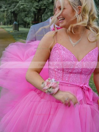 A-line V-neck Tulle Asymmetrical Prom Dresses With Tiered #Favs020115243