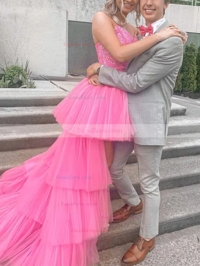 A-line V-neck Tulle Asymmetrical Prom Dresses With Tiered #Favs020115243