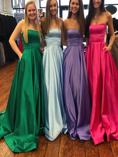 A-line Strapless Satin Sweep Train Prom Dresses With Pockets #Favs020115250