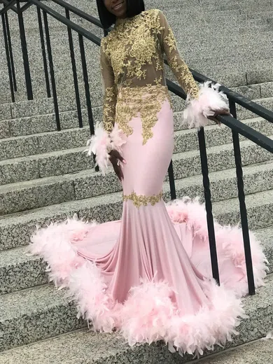 Trumpet/Mermaid High Neck Stretch Crepe Sweep Train Prom Dresses With Feathers / Fur #Favs020115258