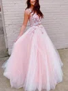 Ball Gown V-neck Tulle Sweep Train Prom Dresses With Appliques Lace #Favs020115259