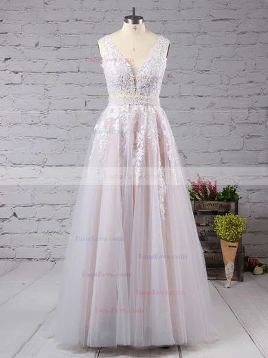 Ball Gown V-neck Tulle Floor-length Beading Prom Dresses #Favs020102479