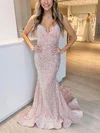 Trumpet/Mermaid V-neck Sequined Sweep Train Prom Dresses #Favs020115274