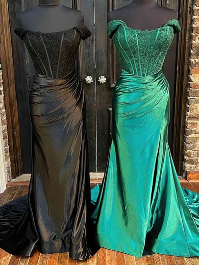 Trumpet/Mermaid Off-the-shoulder Silk-like Satin Sweep Train Prom Dresses With Appliques Lace #Favs020115276
