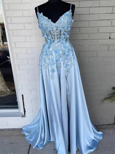 A-line V-neck Tulle Silk-like Satin Sweep Train Prom Dresses With Split Front #Favs020115277