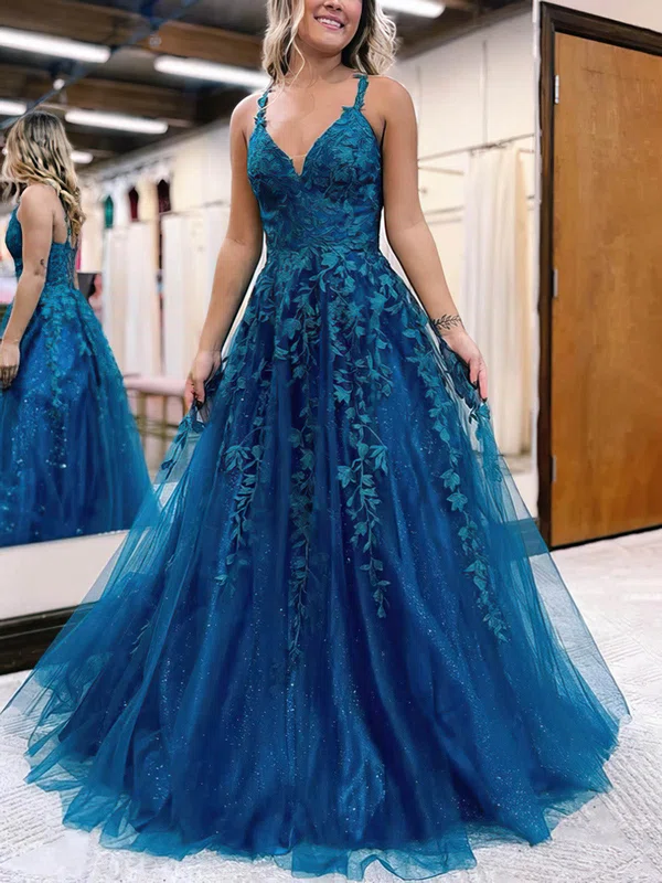 Ball Gown V-neck Tulle Glitter Sweep Train Prom Dresses With Appliques Lace #Favs020115278