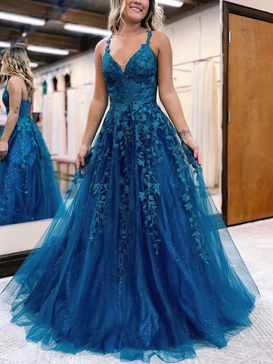 Ball Gown V-neck Tulle Glitter Sweep Train Prom Dresses With Appliques Lace #Favs020115278