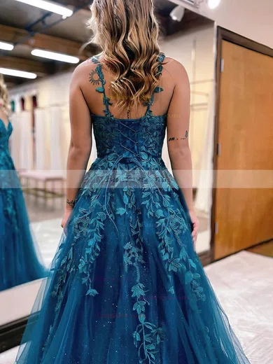 Ball Gown V-neck Tulle Glitter Sweep Train Prom Dresses With Appliques Lace #Favs020115278