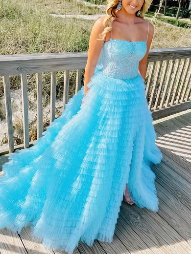 Ball Gown Square Neckline Tulle Sweep Train Prom Dresses With Split Front #Favs020115280