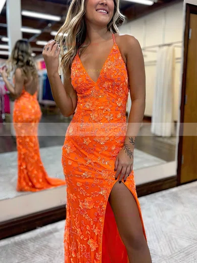 Sheath/Column V-neck Tulle Sweep Train Prom Dresses With Split Front #Favs020115299