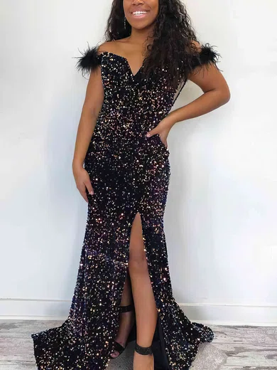 Sheath/Column Off-the-shoulder Sequined Sweep Train Prom Dresses With Split Front #Favs020115300
