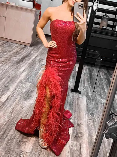 Sheath/Column Strapless Sequined Sweep Train Prom Dresses With Feathers / Fur #Favs020115301