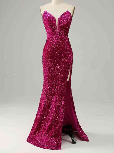 Sheath/Column V-neck Sequined Sweep Train Prom Dresses With Split Front #Favs020115306