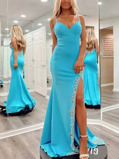 Sheath/Column V-neck Stretch Crepe Sweep Train Prom Dresses With Beading #Favs020115337