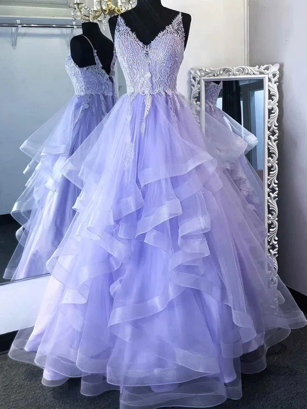 Ball Gown V-neck Tulle Sweep Train Prom Dresses With Cascading Ruffles #Favs020115346