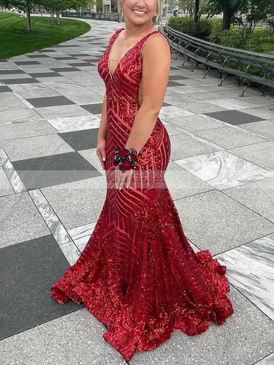 Trumpet/Mermaid V-neck Sequined Sweep Train Prom Dresses #Favs020115347