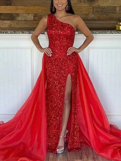 Sheath/Column One Shoulder Organza Sequined Detachable Prom Dresses With Split Front #Favs020115353