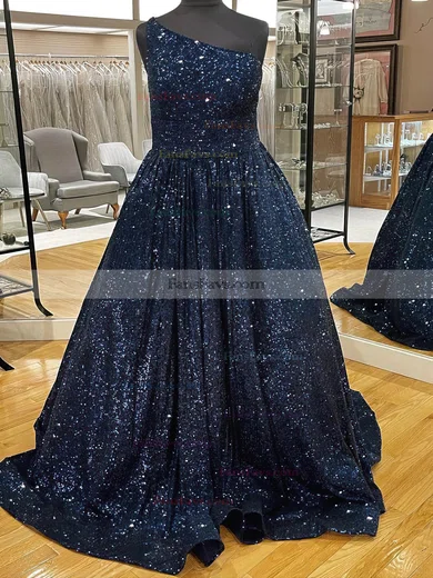 Ball Gown One Shoulder Sequined Sweep Train Prom Dresses With Pockets #Favs020115368
