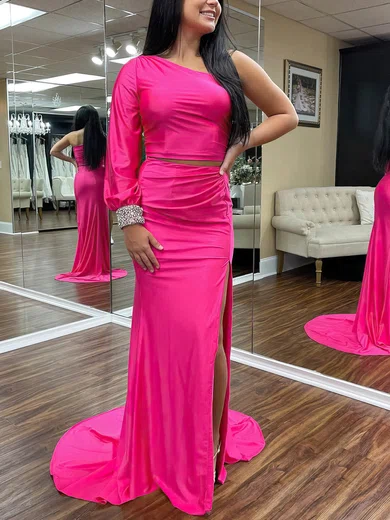 Sheath/Column One Shoulder Jersey Sweep Train Prom Dresses With Beading #Favs020115372
