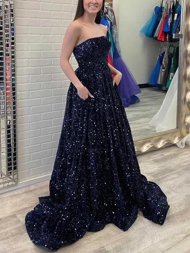 Ball Gown Strapless Sequined Sweep Train Prom Dresses With Pockets #Favs020115392