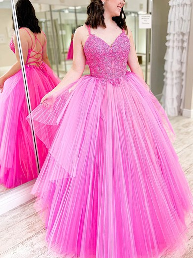 Ball Gown V-neck Tulle Floor-length Prom Dresses With Pleats #Favs020115396