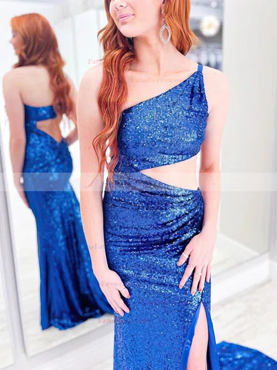 Trumpet/Mermaid One Shoulder Sequined Sweep Train Prom Dresses With Split Front #Favs020115397
