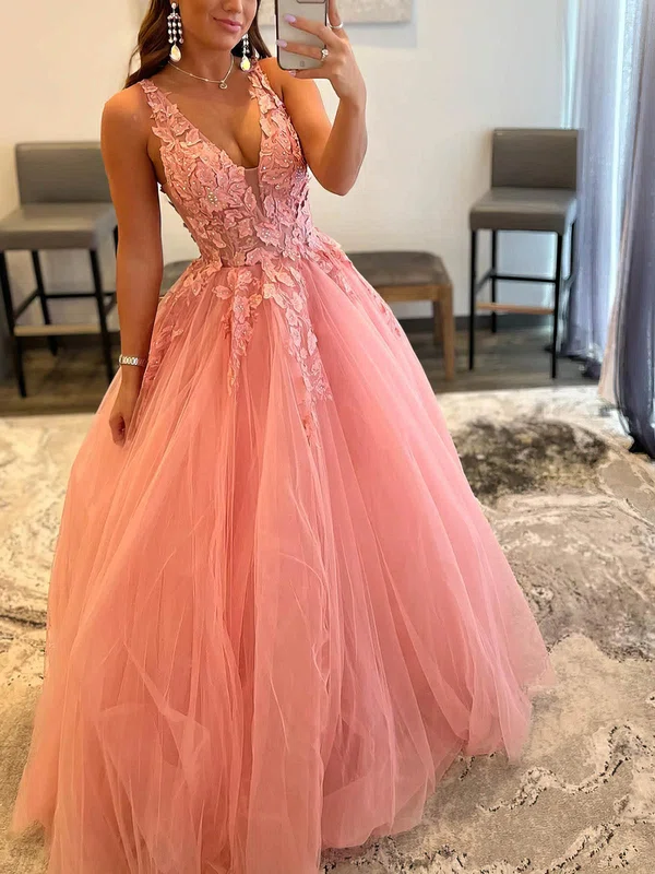 Ball Gown V-neck Tulle Sweep Train Prom Dresses With Appliques Lace #Favs020115405