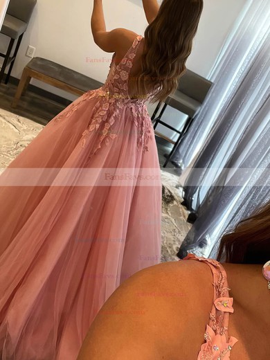 Ball Gown V-neck Tulle Sweep Train Prom Dresses With Appliques Lace #Favs020115405