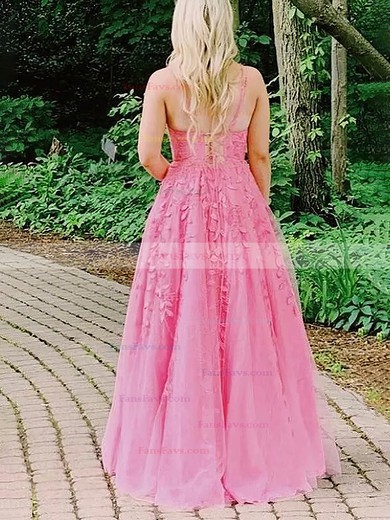 A-line V-neck Tulle Floor-length Prom Dresses With Appliques Lace #Favs020115409