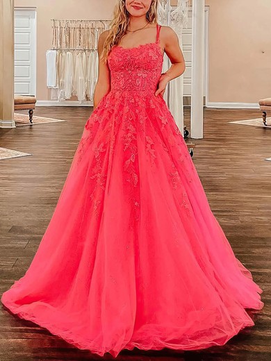 Ball Gown Scoop Neck Tulle Sweep Train Prom Dresses With Appliques Lace #Favs020115411