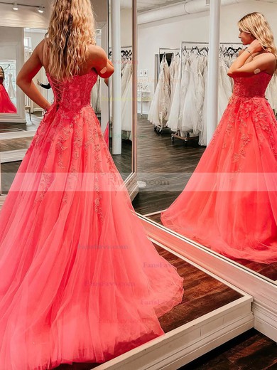 Ball Gown Scoop Neck Tulle Sweep Train Prom Dresses With Appliques Lace #Favs020115411