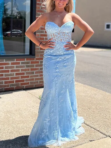 Trumpet/Mermaid Sweetheart Tulle Sweep Train Prom Dresses With Appliques Lace #Favs020115414