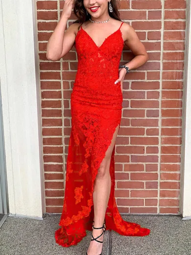 Trumpet/Mermaid V-neck Tulle Sweep Train Prom Dresses With Split Front #Favs020115415