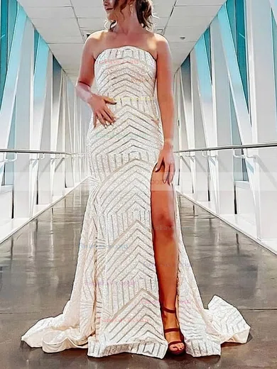 Sheath/Column Strapless Sequined Sweep Train Prom Dresses With Split Front #Favs020115419