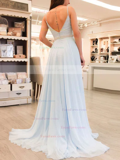 A-line V-neck Chiffon Sweep Train Beading Prom Dresses #Favs020105938
