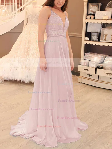 A-line V-neck Chiffon Sweep Train Beading Prom Dresses #Favs020105938