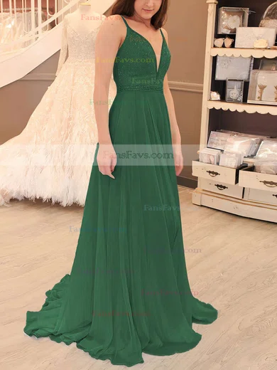 A-line V-neck Chiffon Sweep Train Beading Prom Dresses #Favs020105938